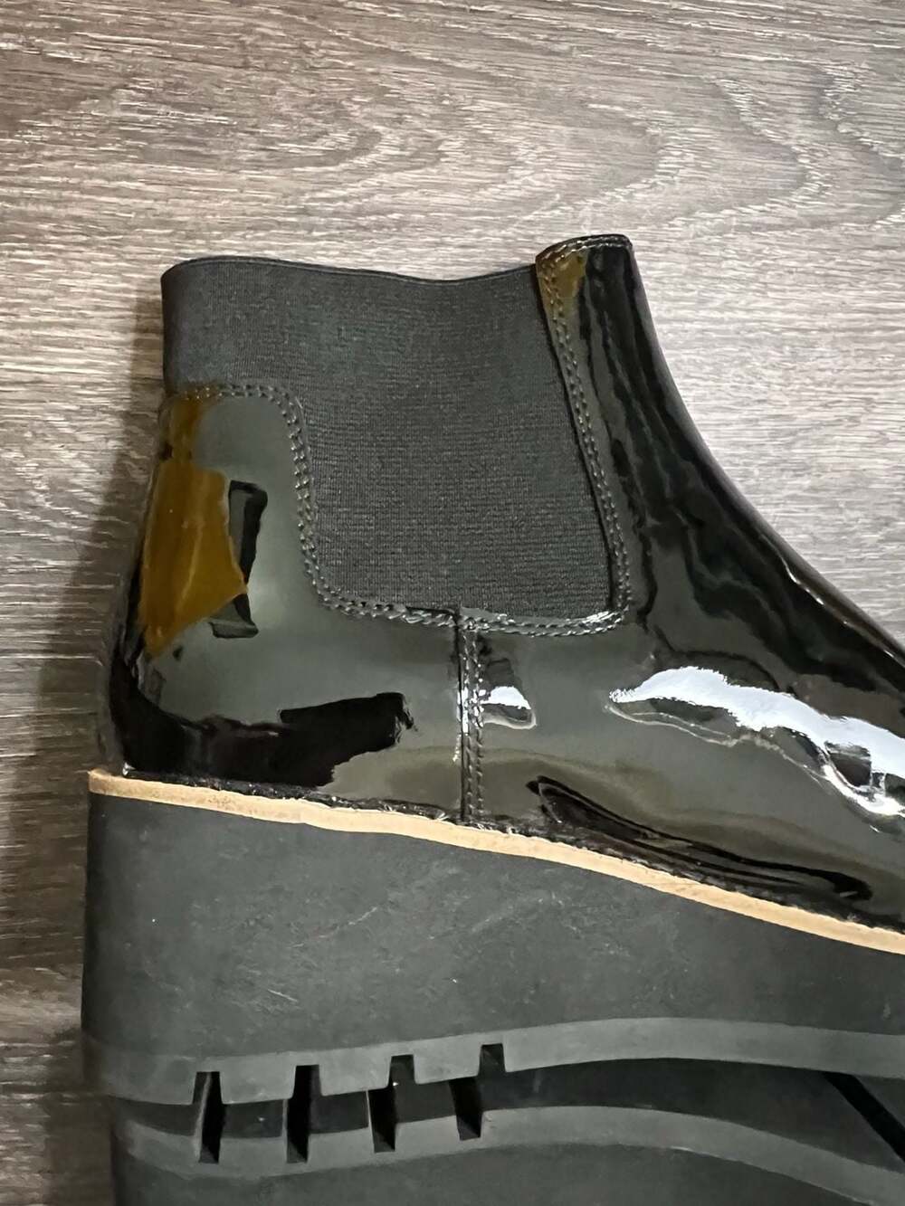 Eileen Fisher Black Patent Leather Chelsea Wedge Lug Heel Boots - Picture 6 of 9